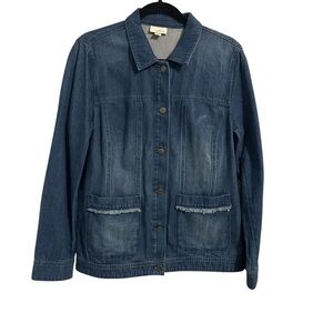 J JILL Denim Oceania Wash Jacket Stretch Fringe Trim Pockets Blue Women’s Sz M